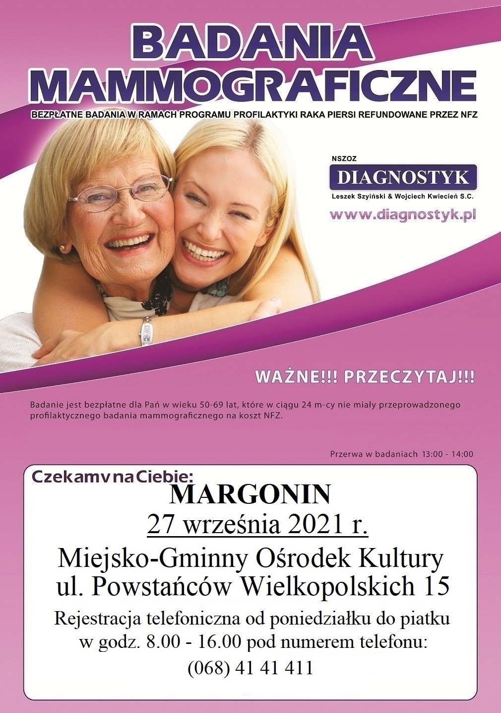 Badania mammograficzne - plakat organizatora. Szczegóły w treści artykułu.